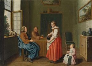 An Interior With Two Men At A Table Attended To By A Maidservant by Jan Jozef, the Younger Horemans