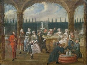 Adelige Gesellschaft Vergnugt Sich Auf Einer Terrasse Vor Parklandschaft by Peter Jacob Horemans