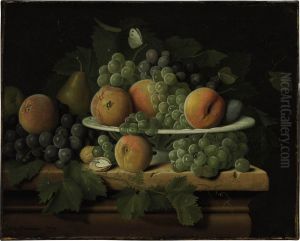 Peaches, Grapes And A Pear In A Ceramic Dish On A Stone Ledge by Peter Jacob Horemans