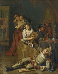 A Merry Company In An Interior With A Drinking Jester Laying Onthe Ground by Peter Jacob Horemans