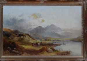 A View In The Highlands With A Female Cowherd And Riverside Cottages