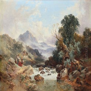 River Scene With Two Shepherds by Joseph Horlor