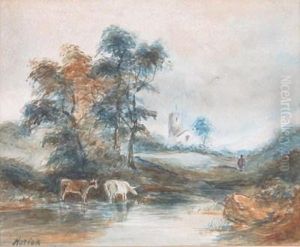 Cattle By A Pool, A Church Beyond by Joseph Horlor