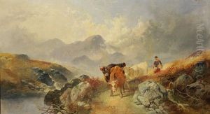 A Drover And Cattle Beside A Highland Loch by Joseph Horlor