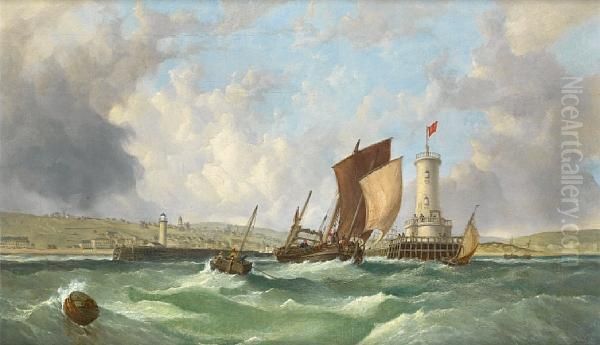 A Lugger Running Out Of Boulogne At High Tide On A Breezy Day, With A Channel Packet Steamer Moored At The Quayside In The Harbour - view 1