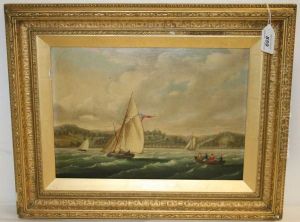 Sailing Boats On River Estuary With Hills Beyond by Thomas L. Hornbrook
