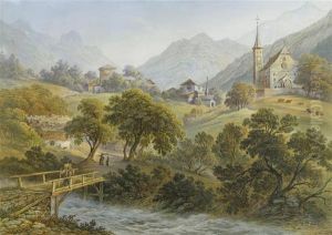 Alpine Landscape With High Mountainvillage.
Watercolour by Friedrich Horner
