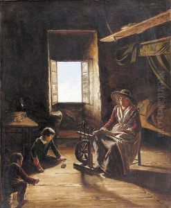 Interieur Mit Alter Spinnerin Und Spielenden Kindern.