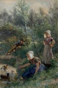 Children Playing On The Banks Of A Duck Pond by Hendrik Horrix