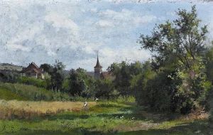 Sommerliche Landschaft Mit Haus Und Kirchturm. by Richard Hortense
