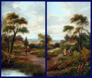 Rural Landscapes With Figures And Cottage by Etty Horton