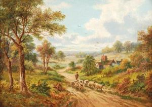 Sheep And Shepherd On A Country Lane by Etty Horton