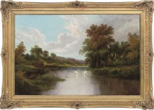 Swans In A Lake At Dusk by Etty Horton