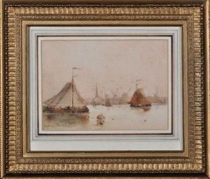 Sailing Barges In A Dutch Harbour by George Edward Horton