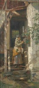 Hauseingang Mit Auf Treppe Stehender by Joseph Eugen Horwarter