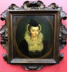 Portrait Of A Woman In A Black Dress With White Ruff And Ruby Necklace by John Hoskins