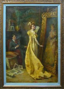 Couple Elegant Admirant Un Portrait De Femme