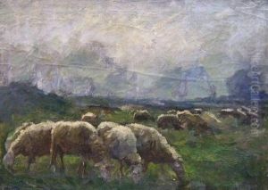 Moutons Dans Les Pres by Leon Houbaer