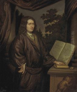 Portrait Of A Gentleman, Three-quarter-length, In A Rust Robe, Hisleft Hand On A Book, A Landscape Beyond by Arnold Houbraken