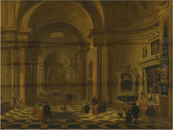 A Church Interior With Figures Praying By A Chapel In Theforeground - view 1