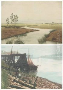 Fishing Boats By A Pier And Marshland With Stream; Two Works by Charles-Louis Houdard