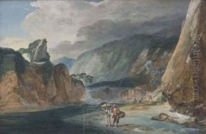 Paysage A La Cascade Et Aux Pecheurs by Jean-Pierr Houel