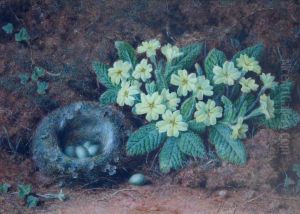 Still Life Of A Bird's Nest And Primroses Against A Mossybank by William B. Hough