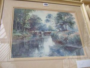 Fishing On The River Arun At Okehurst; Old Weir by William Robert Houghton