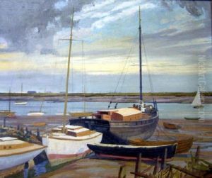 Yachts At Low Tide Signed 25 X 30in