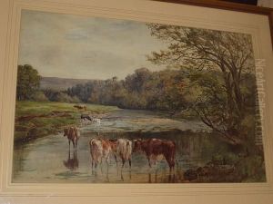 Cattle Watering At A Riverside, In A Landscape Cattle Watering At A Riverside, In A Landscape