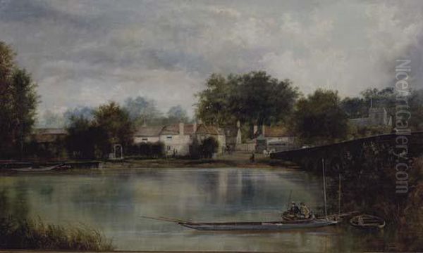 Figures Fishing On A Boat In Front Of A Town Landscape - view 1