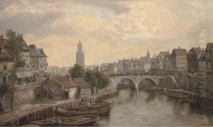 Figures On A Bridge In A Continental Town by William Howard Hart