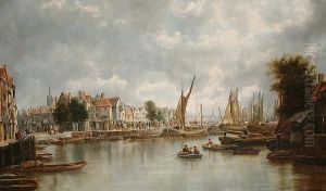 A Busy Continental Harbour, Signed