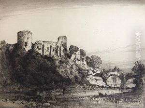 View Of A Ruined Castle And Stone Bridge by Albany E. Howarth