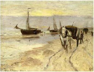 Scene De Plage Animee Avec Le Retour De La Charrette Du Pecheur, Aux Environs D'etaples by William Henry Howe