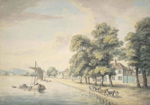 A Figure Leading Horses Pulling A Barge Along A River