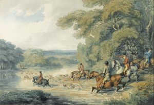 A Stag Hunt Crossing A River