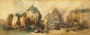 A French Town Scene With Numerous Figures By A Quay A French Town Scene With Numerous Figures By A Quay