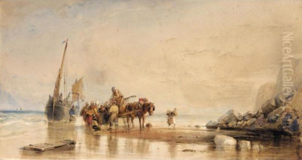 Figures Unloading Fishing Boats On The Shore - view 1