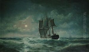 A Moonlit Marine View With A Frigate In A Swell by Edward Hoyer