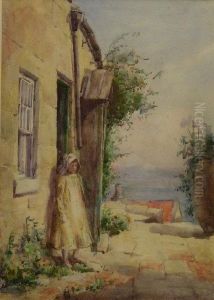 Young Girl Outside A Staithes Cottage by Hannah Hoyland