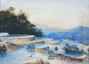 Bathing In The White Terraces, Rotomahana With Whare's Beyond