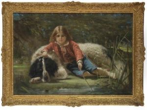 A Boy With His Sheepdog, Fishing by Pierre Adolphe Huas