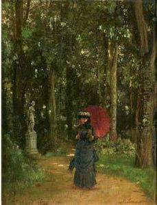 Jeune Femme A L'ombrelle A Saint-cloud by Pierre Adolphe Huas