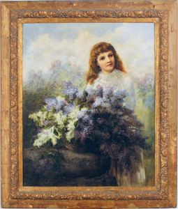 A Girl With A Bouquet Of Lilacs In A Landscape