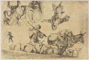 Study Sheet With Herdsmen, Flock Of Sheep, Mule And Horse by Johann Rudolf Huber