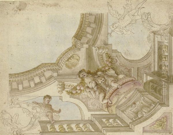 Design For A Corner Of A Ceiling With Putti Above A Balustrade Andswags Of Fruit - view 1