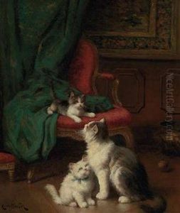 Katzenmutter Mit Zwei Jungen Im Salon by Leon Charles Huber