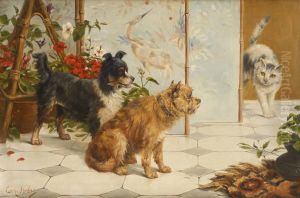 Chiens Et Chat by Leon Charles Huber