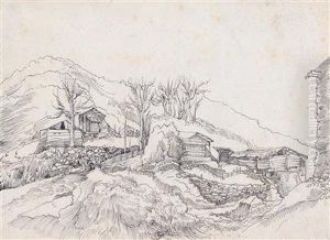 Waldhutten In Einer Gebirgigen Landschaft by Wolfgang Huber